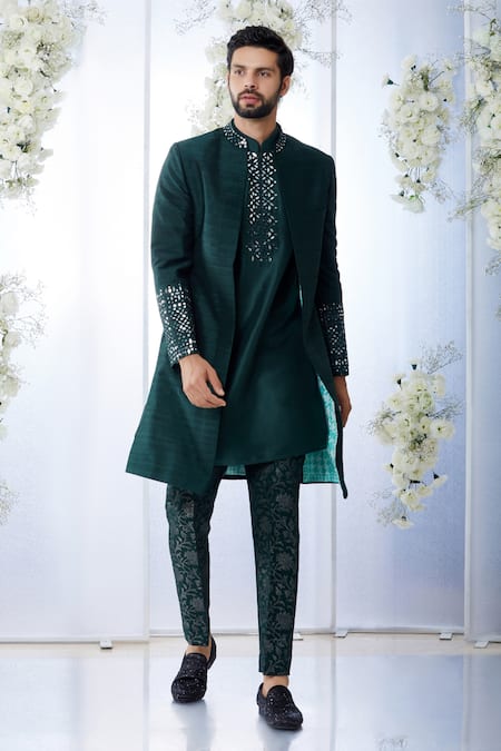 Seema Gujral Green Raw Silk Embroidered Mirror Work Sherwani Set For Men