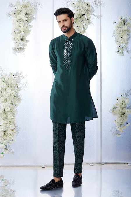 Seema Gujral_Green Raw Silk, Brocade Mirror Work Sherwani Set _Online_at_Aza_Fashions