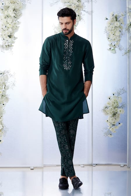Buy_Seema Gujral_Green Raw Silk, Brocade Mirror Work Sherwani Set _Online_at_Aza_Fashions