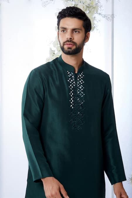 Shop_Seema Gujral_Green Raw Silk, Brocade Mirror Work Sherwani Set _Online_at_Aza_Fashions