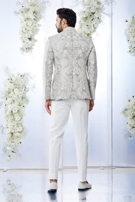 Shop Seema Gujral Grey Raw Silk Sequin Work Bandhgala Set at Aza Fashions Shop_Seema Gujral_Grey Raw Silk Sequin Work Bandhgala Set _at_Aza_Fashions