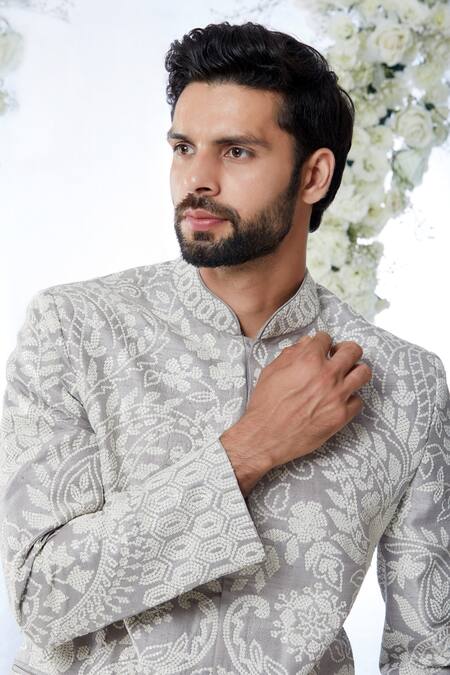 Seema Gujral Grey Raw Silk Sequin Work Bandhgala Set Online at Aza Fashions Seema Gujral_Grey Raw Silk Sequin Work Bandhgala Set _Online_at_Aza_Fashions