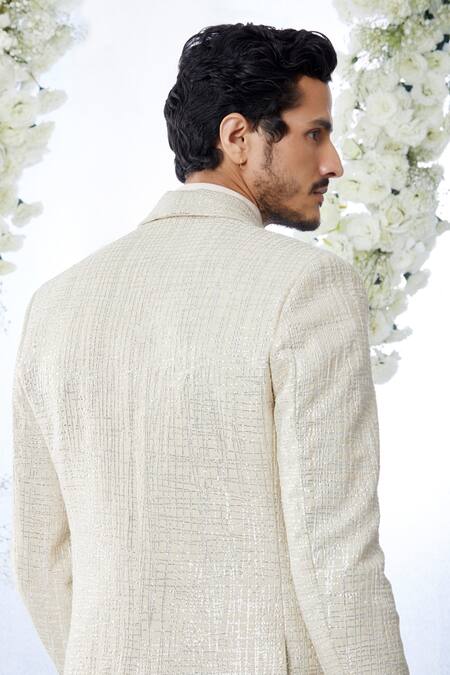 Shop Seema Gujral Beige Tissue Raw Silk Embroidered Gota Work Tuxedo And Trouser Set at Aza Fashions Shop_Seema Gujral_Beige Tissue Raw Silk Embroidered Gota Work Tuxedo And Trouser Set _at_Aza_Fashions