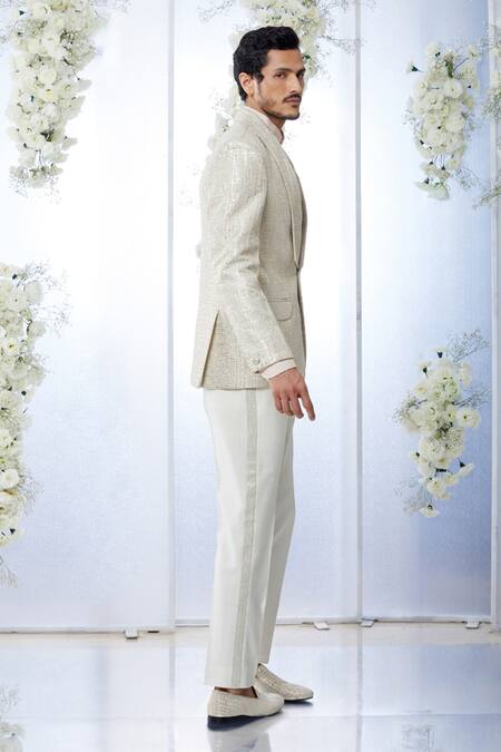 Seema Gujral Beige Tissue Raw Silk Embroidered Gota Work Tuxedo And Trouser Set Online at Aza Fashions Seema Gujral_Beige Tissue Raw Silk Embroidered Gota Work Tuxedo And Trouser Set _Online_at_Aza_Fashions