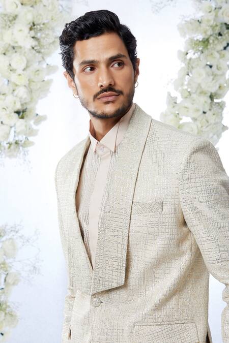 Buy Seema Gujral Beige Tissue Raw Silk Embroidered Gota Work Tuxedo And Trouser Set Online at Aza Fashions Buy_Seema Gujral_Beige Tissue Raw Silk Embroidered Gota Work Tuxedo And Trouser Set _Online_at_Aza_Fashions