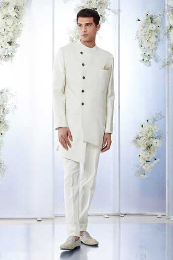 Seema Gujral_White Matka Silk Overlap Sherwani Set_Online_at_Aza_Fashions