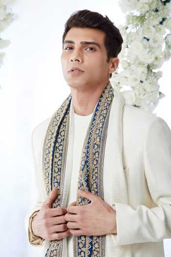 Buy_Seema Gujral_White Matka Silk Overlap Sherwani Set_Online_at_Aza_Fashions