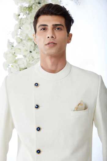 Shop_Seema Gujral_White Matka Silk Overlap Sherwani Set_Online_at_Aza_Fashions