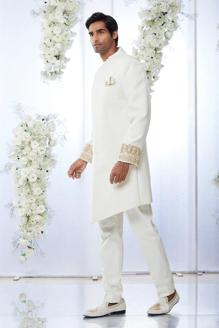 Seema Gujral_White Matka Silk Dori Sherwani Set _Online_at_Aza_Fashions