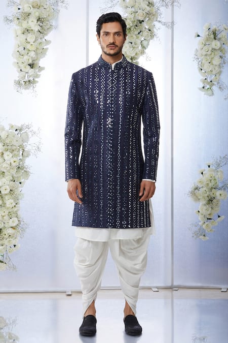 Seema Gujral_Blue Raw Silk Mirror Work Sherwani Set _Online_at_Aza_Fashions