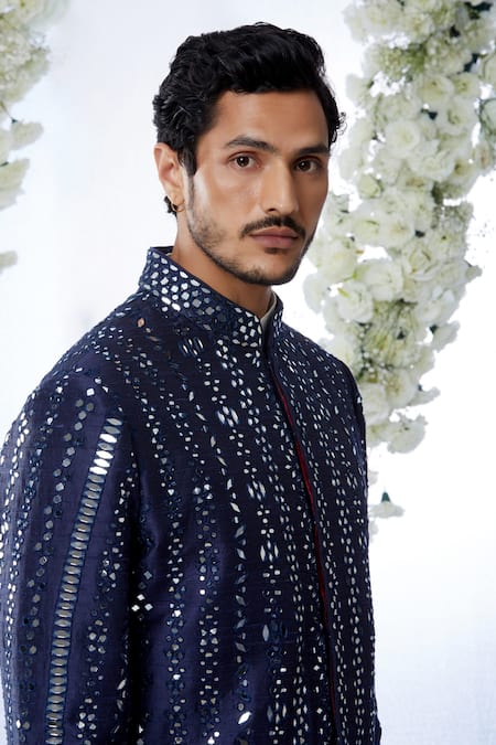 Buy_Seema Gujral_Blue Raw Silk Mirror Work Sherwani Set _Online_at_Aza_Fashions