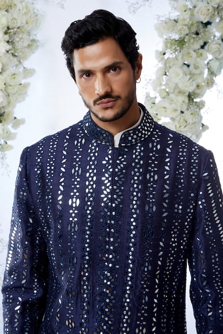 Shop_Seema Gujral_Blue Raw Silk Mirror Work Sherwani Set _Online_at_Aza_Fashions