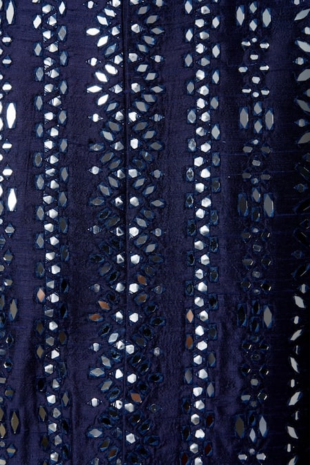 Seema Gujral_Blue Raw Silk Mirror Work Sherwani Set _at_Aza_Fashions