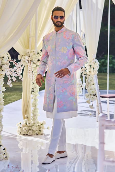 Seema Gujral Grey Raw Silk Floral Applique Sherwani Set 