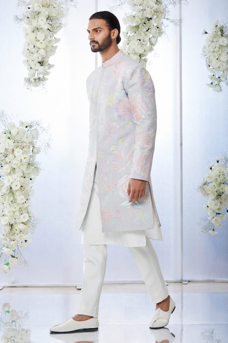 Seema Gujral Grey Raw Silk Floral Applique Sherwani Set Online at Aza Fashions Seema Gujral_Grey Raw Silk Floral Applique Sherwani Set _Online_at_Aza_Fashions