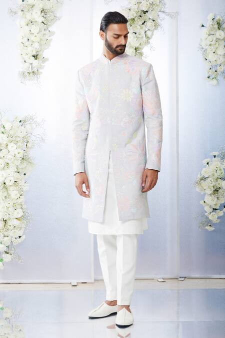 Buy Seema Gujral Grey Raw Silk Floral Applique Sherwani Set Online at Aza Fashions Buy_Seema Gujral_Grey Raw Silk Floral Applique Sherwani Set _Online_at_Aza_Fashions
