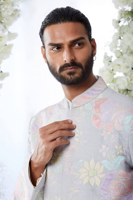 Shop Seema Gujral Grey Raw Silk Floral Applique Sherwani Set Online at Aza Fashions Shop_Seema Gujral_Grey Raw Silk Floral Applique Sherwani Set _Online_at_Aza_Fashions