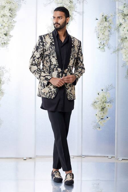 Buy_Seema Gujral_Black Shirt Giza Cotton Embroidered Parsi Tuxedo And Pant Set _Online_at_Aza_Fashions