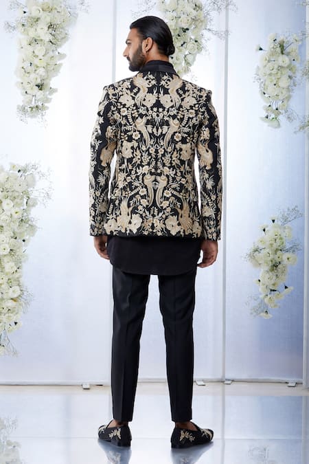 Shop_Seema Gujral_Black Shirt Giza Cotton Embroidered Parsi Tuxedo And Pant Set _at_Aza_Fashions