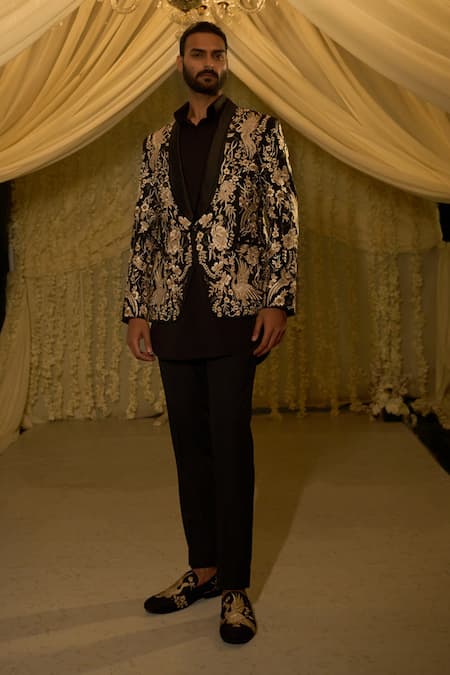 Shop_Seema Gujral_Black Shirt Giza Cotton Embroidered Parsi Tuxedo And Pant Set _Online_at_Aza_Fashions