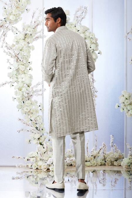 Shop Seema Gujral Silver Banarasi , Tissue Kiran Dori Work Striped Kurta Set at Aza Fashions Shop_Seema Gujral_Silver Banarasi , Tissue Kiran Dori Work Striped Kurta Set_at_Aza_Fashions