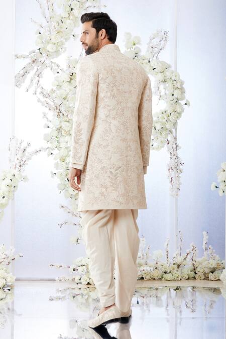 Shop_Seema Gujral_Pink Raw Silk Floral Gota Embroidered Sherwani Set_at_Aza_Fashions