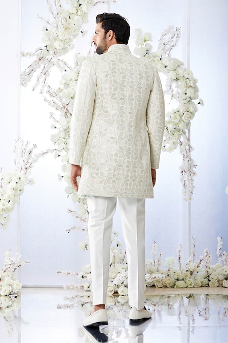 Shop_Seema Gujral_Silver Raw Silk Embroidered Gota Patti Work Front Open Sherwani Set _at_Aza_Fashions