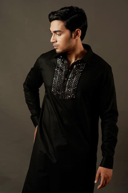 Buy_Soniya G_Black Cotton Blend Mirror Work Embroidered Pathani Set _Online_at_Aza_Fashions