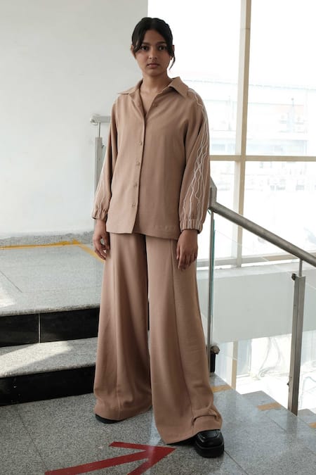 Somya Goyal Beige Cotton Cord Shirt Collar Embroidered 