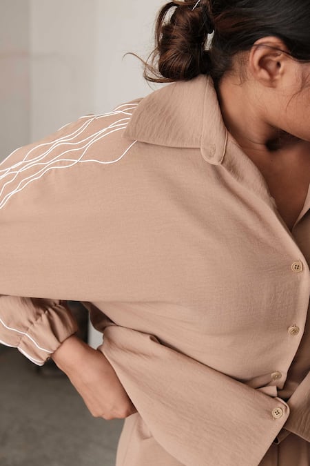 Shop Somya Goyal Beige Cotton Cord Shirt Collar Embroidered at Aza Fashions Shop_Somya Goyal_Beige Cotton Cord Shirt Collar Embroidered _at_Aza_Fashions