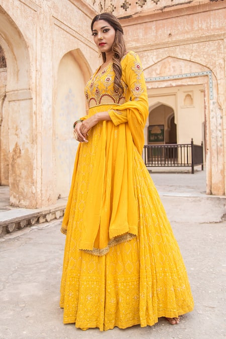 Soniya G_Yellow Lucknowi Chikankari V Neck Anarkali And Dupatta Set _Online_at_Aza_Fashions