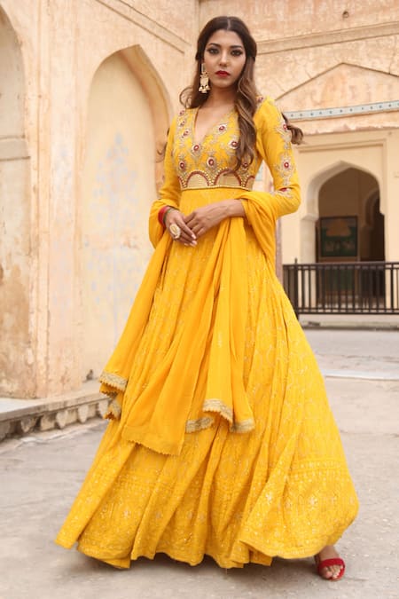 Buy_Soniya G_Yellow Lucknowi Chikankari V Neck Anarkali And Dupatta Set _Online_at_Aza_Fashions