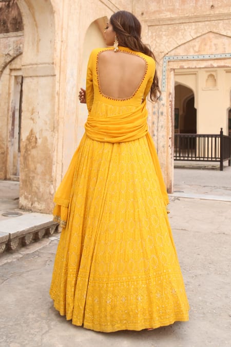 Shop_Soniya G_Yellow Lucknowi Chikankari V Neck Anarkali And Dupatta Set _Online_at_Aza_Fashions