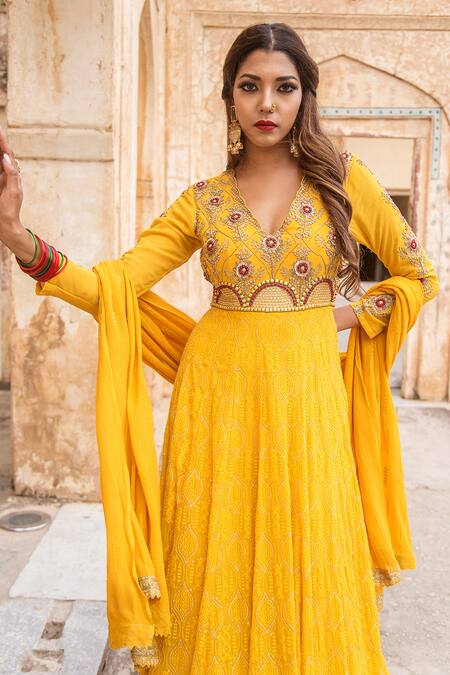 Soniya G_Yellow Lucknowi Chikankari V Neck Anarkali And Dupatta Set _at_Aza_Fashions