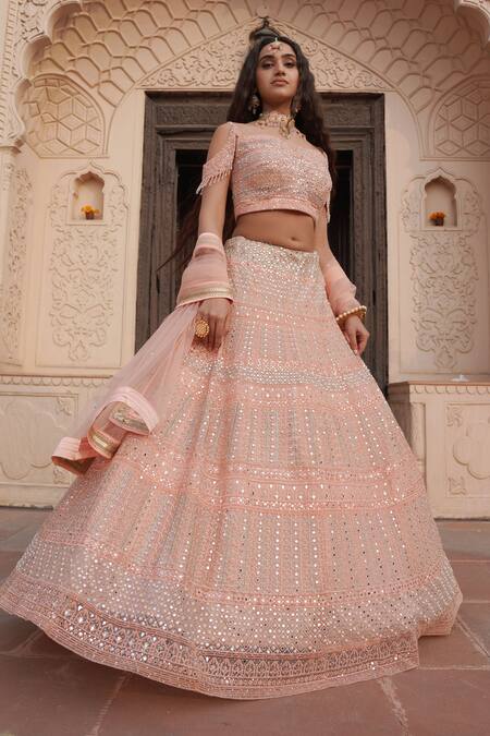 Buy_Soniya G_Pink Organza Mirror Work Sweetheart Neck Embellished Lehenga Set _Online_at_Aza_Fashions
