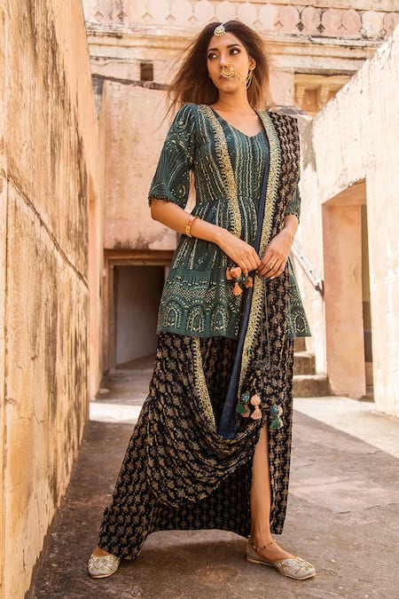 Soniya G Green Velvet And Lucknowi Embroidery V Neck Kurta & Dhoti Pant 