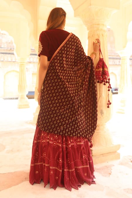 Shop_Soniya G_Red Velvet And Lucknowi V Neck Chikankari Lehenga Set _at_Aza_Fashions
