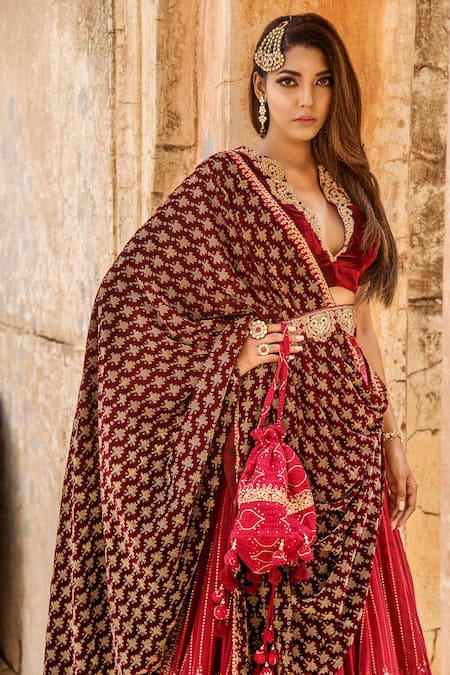 Shop_Soniya G_Red Velvet And Lucknowi V Neck Chikankari Lehenga Set _Online_at_Aza_Fashions