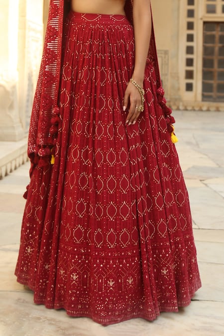 Red Embroidered Lucknowi Chikankari Lehenga & Cape Set – CoutureYard