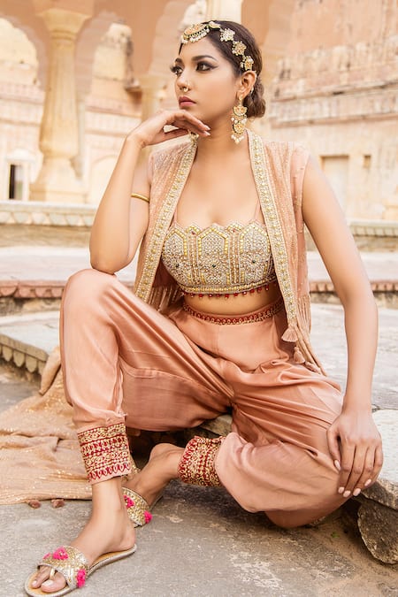 Soniya G_Peach Chanderi, Chiffon, Cotton Beads, Tassels, Embroidery Cape And Dhoti Pant Set For Kids_Online_at_Aza_Fashions