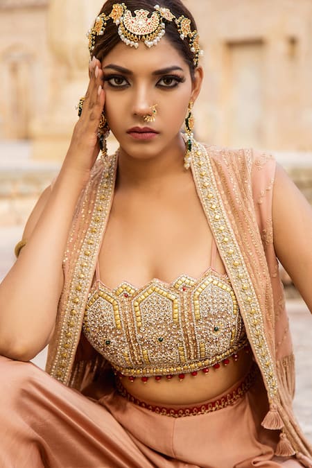 Shop_Soniya G_Peach Chanderi, Chiffon, Cotton Beads, Tassels, Embroidery Cape And Dhoti Pant Set For Kids_Online_at_Aza_Fashions