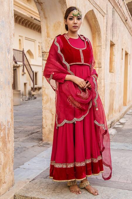 Soniya G_Red Velvet And Organza Round Embroidered Anarkali Set _Online_at_Aza_Fashions