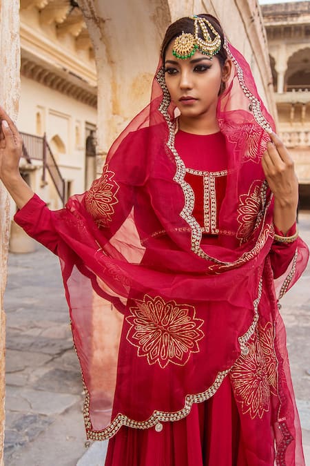 Shop_Soniya G_Red Velvet And Organza Round Embroidered Anarkali Set _Online_at_Aza_Fashions