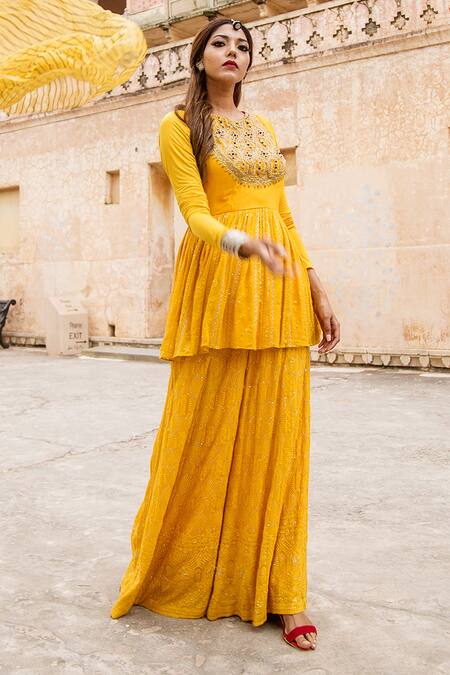 Soniya G Yellow Lucknowi Chikankari Round Embroidered Kurta And Palazzo Set Online at Aza Fashions Soniya G_Yellow Lucknowi Chikankari Round Embroidered Kurta And Palazzo Set _Online_at_Aza_Fashions