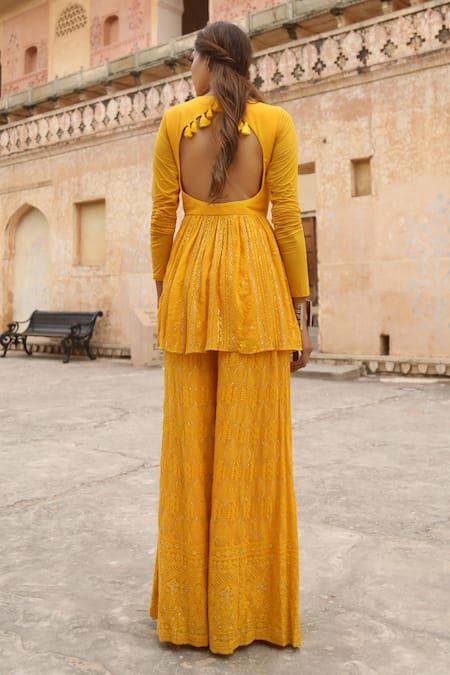 Buy_Soniya G_Yellow Lucknowi Chikankari Round Embroidered Kurta And Palazzo Set _Online_at_Aza_Fashions