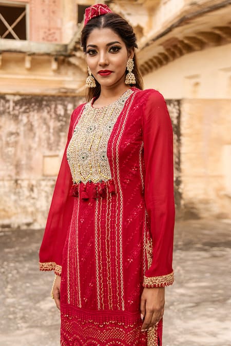 Shop Soniya G Red Lucknowi Chikankari Round Kurta Set at Aza Fashions Shop_Soniya G_Red Lucknowi Chikankari Round Kurta Set _at_Aza_Fashions