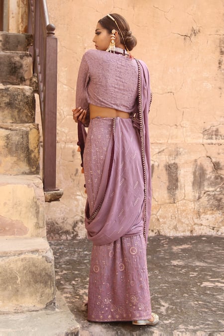 Shop_Soniya G_Purple Lucknowi Chikankari Halter Skirt Saree And Jacket Set _at_Aza_Fashions