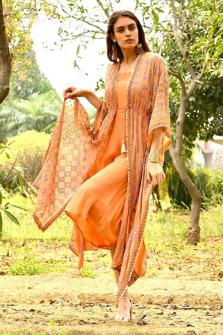 Buy_Surbhi Gupta_Peach Crepe, Georgette Kaftan Open Embroidered Dress With _Online_at_Aza_Fashions