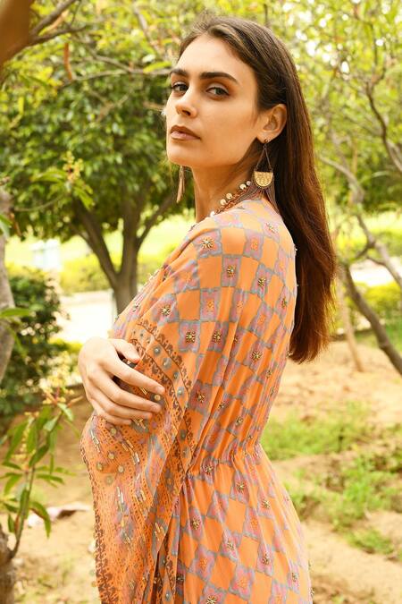 Shop_Surbhi Gupta_Peach Crepe, Georgette Kaftan Open Embroidered Dress With _Online_at_Aza_Fashions
