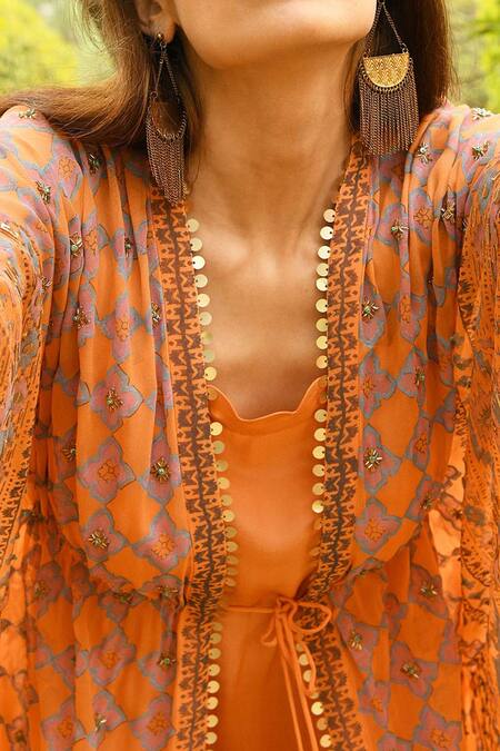 Surbhi Gupta_Peach Crepe, Georgette Kaftan Open Embroidered Dress With _at_Aza_Fashions